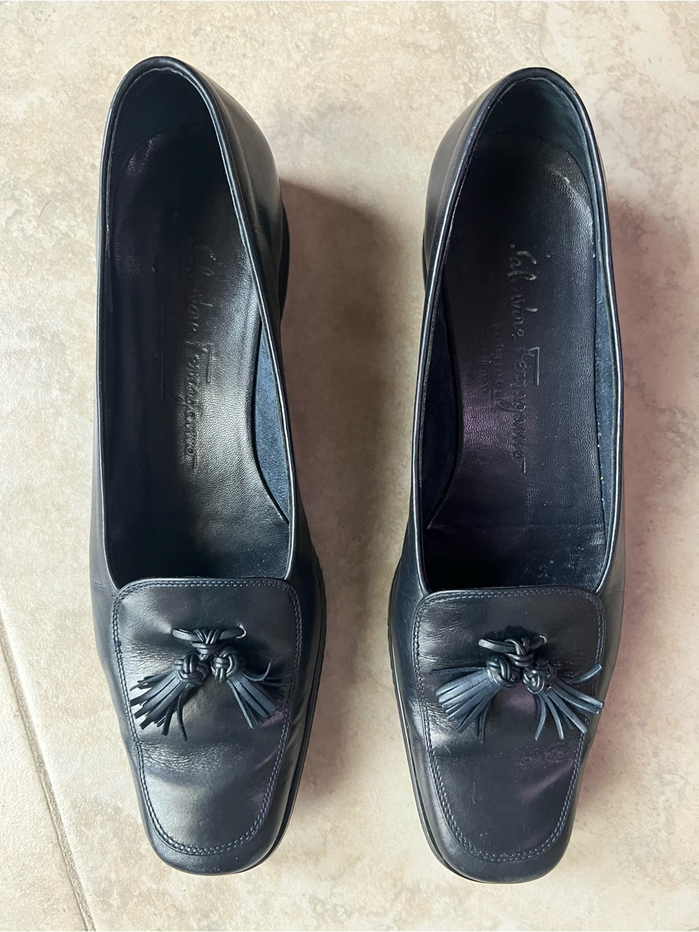 Salvatore Ferragamo Navy Blue Leather Tassel Loafers for Women